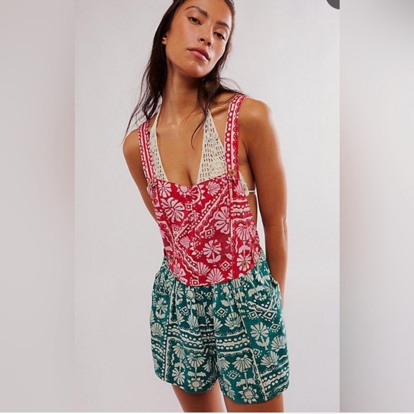 Free People Pants - NWOT FREE PEOPLE Palm Bay Printed Shortalls Romper Red Green Combo